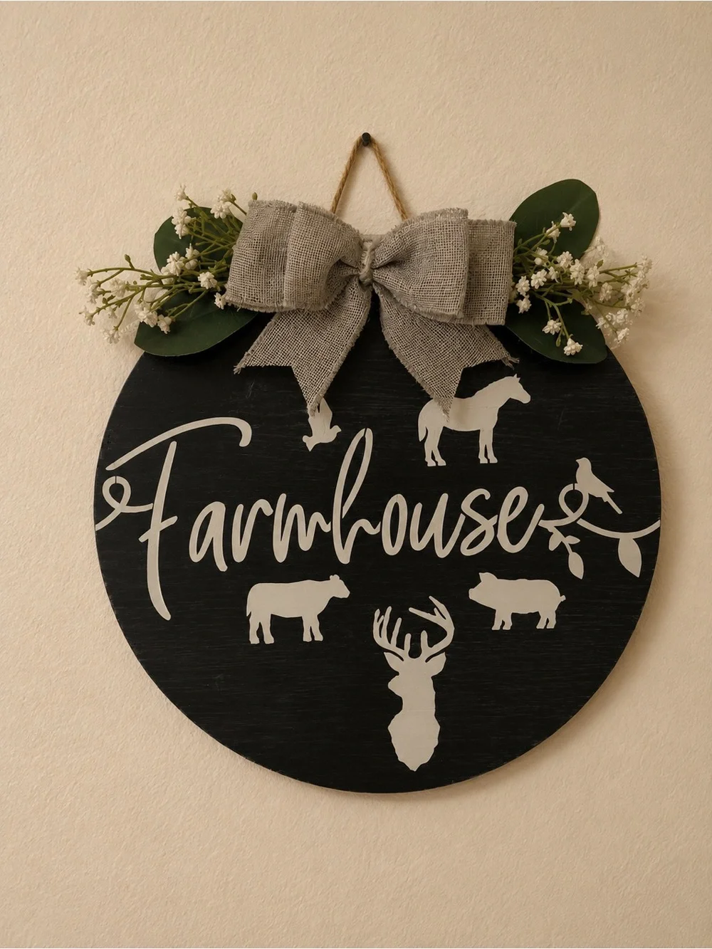 Round Farmhouse Wall Sign with White Script and Animal Silhouettes